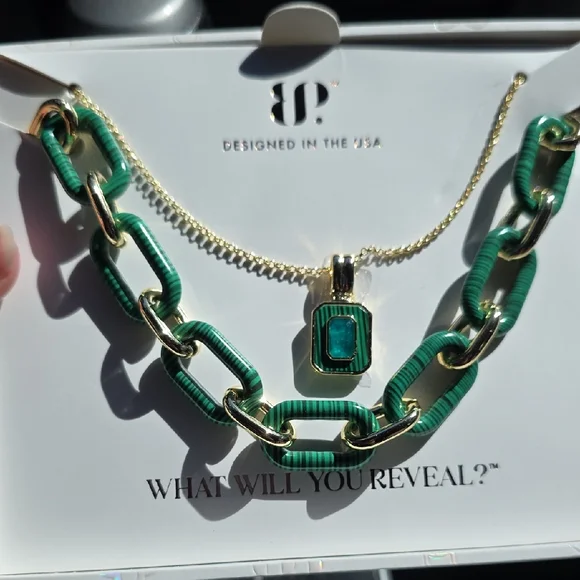 LUXE LAYERS Gold and Green Layered Chain Necklace with Emerald-Style Pendant - Picture 1 of 6